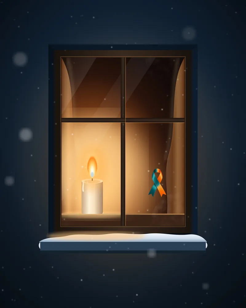 Illustration: eine brennende Kerze im Fenster an einem verschneiten Winterabend, daneben die Schleife des 17|02